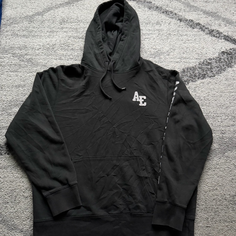Vintage American Eagle Y2K Dark Grey Hoodie Sweatshirt Spell Out Black Mens L